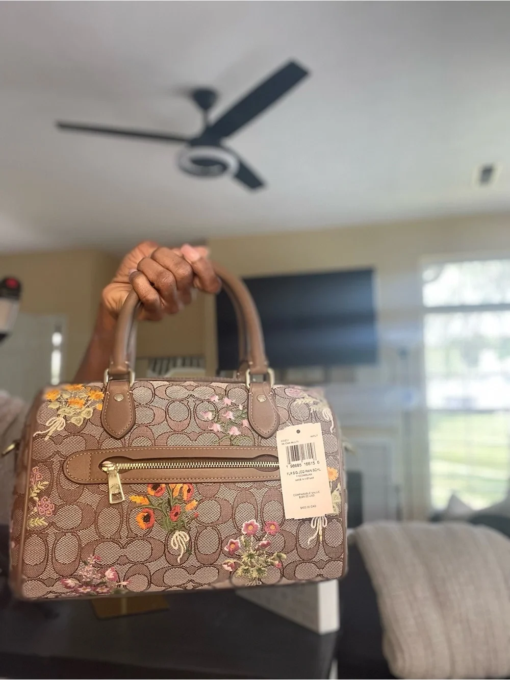 Coach Brown Signature Floral Embroidery Medium Rowan Satchel